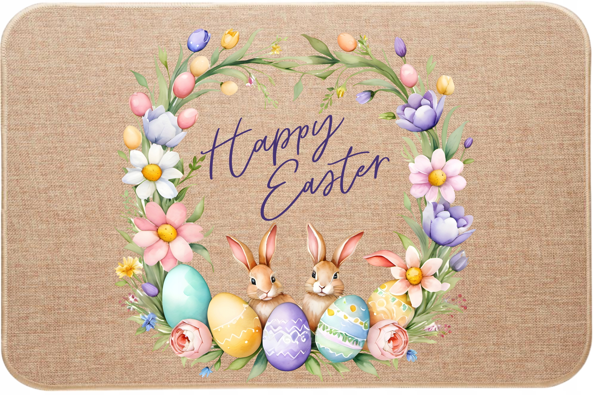 Velikonoční ozdobná lněná rohožka s velikonočními zajíčky Happy Easter