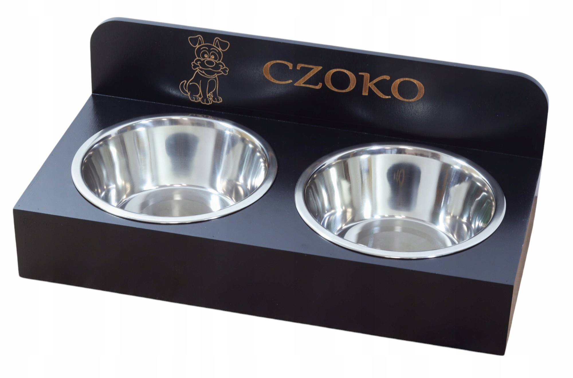 Levně Stojan na misky, dvojitý podstavec pro psa, dřevěný, černý, Jméno