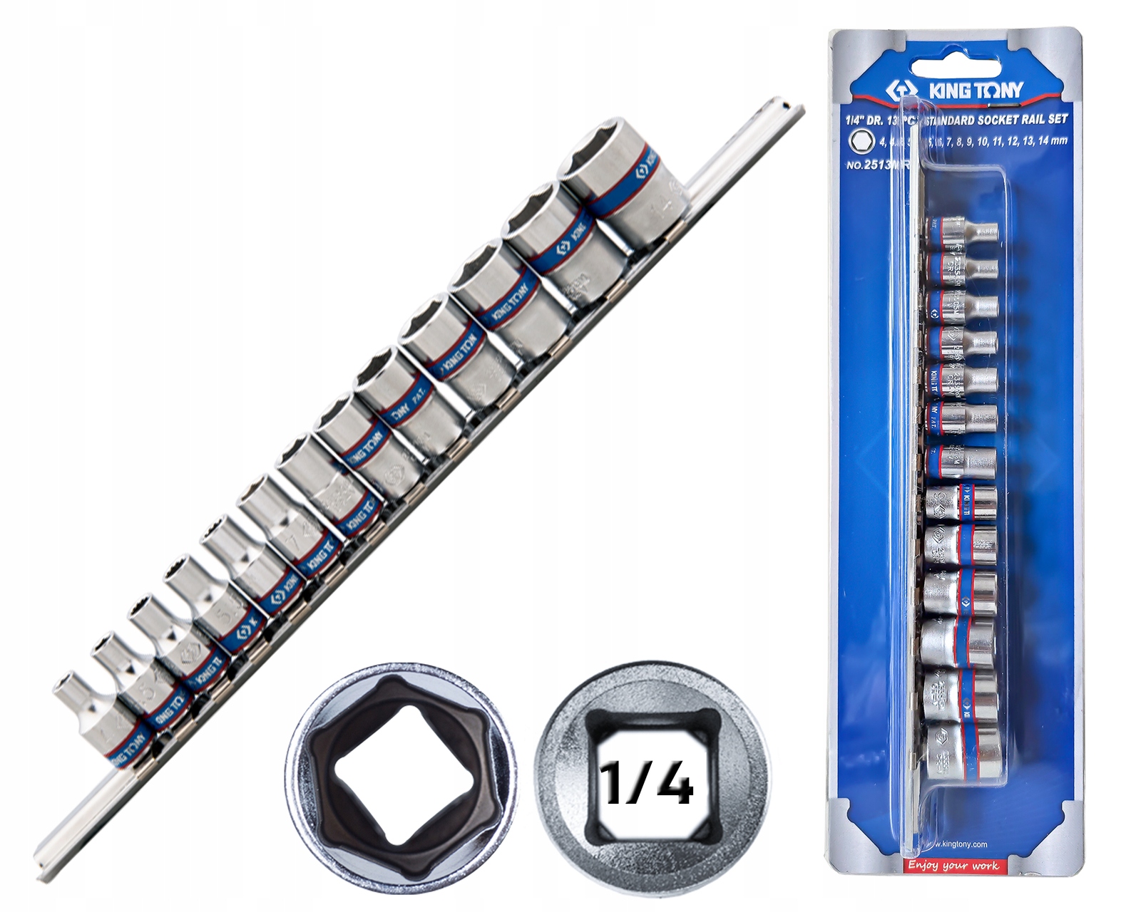 King Tony Zestaw nasadek Krótkich 1/4 6-KĄT 13 el. 4 14 mm szyna 2513MR