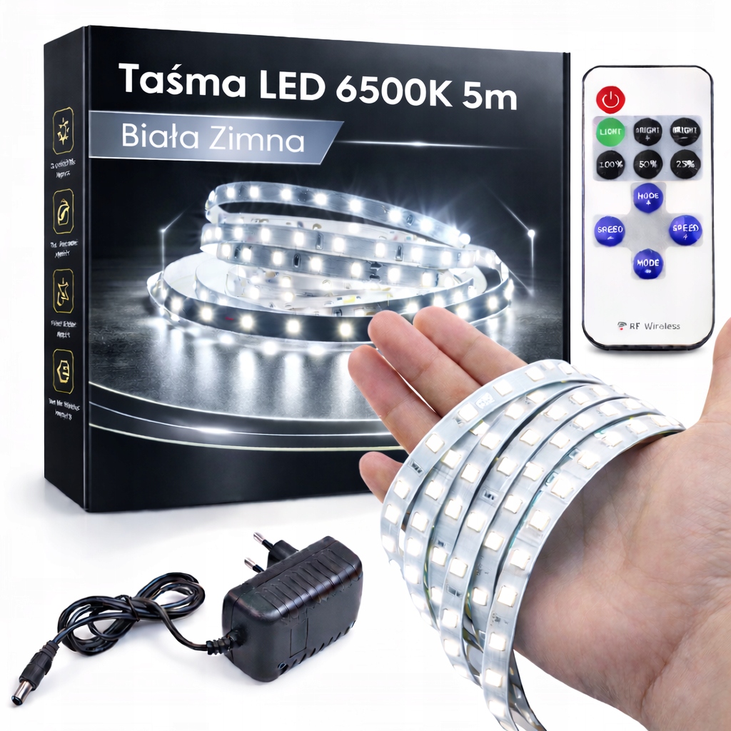 ZESTAW Taśma LED 6500K BIAŁA ZIMNA 5m - TAŚMA+ ZASILACZ+ PILOT+ STEROWNIK