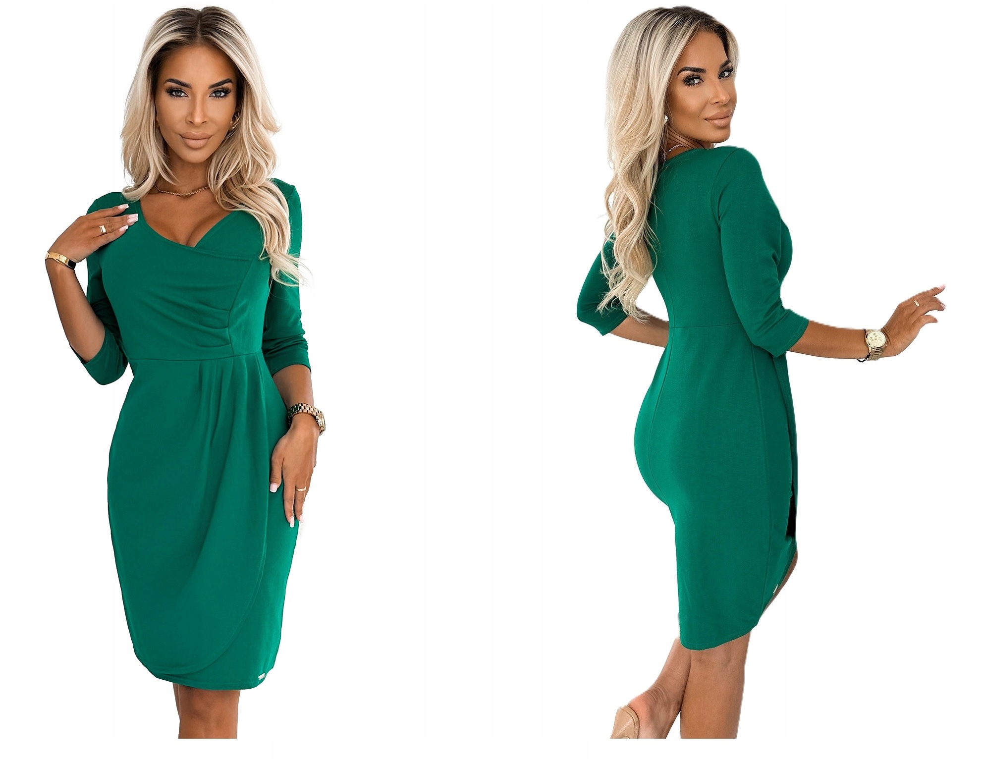 Krásné Zelené Šaty Se Záložkami, Lehce Přiléhavý Hluboký Výstřih