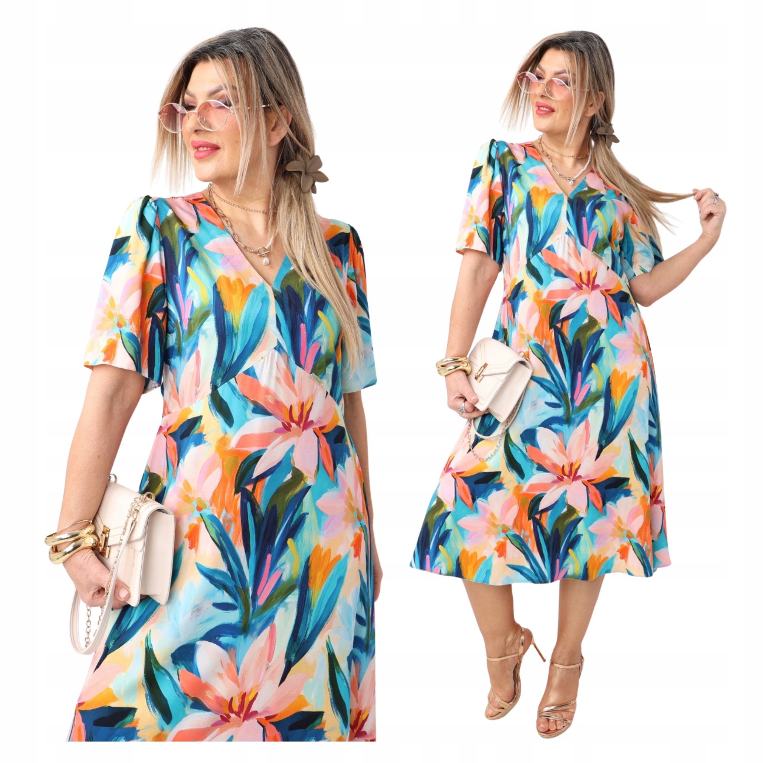 Sukienka rozkloszowana w kwiaty Polski Producent duże rozmiary