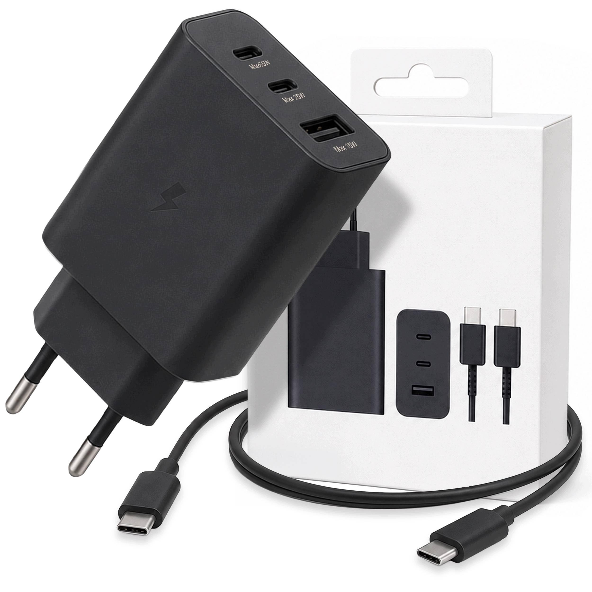 Síťová nabíječka 3v1 65W Pd 1x Usb-a 2x Usb-c kabel Usb-c na Usb-c 1 m