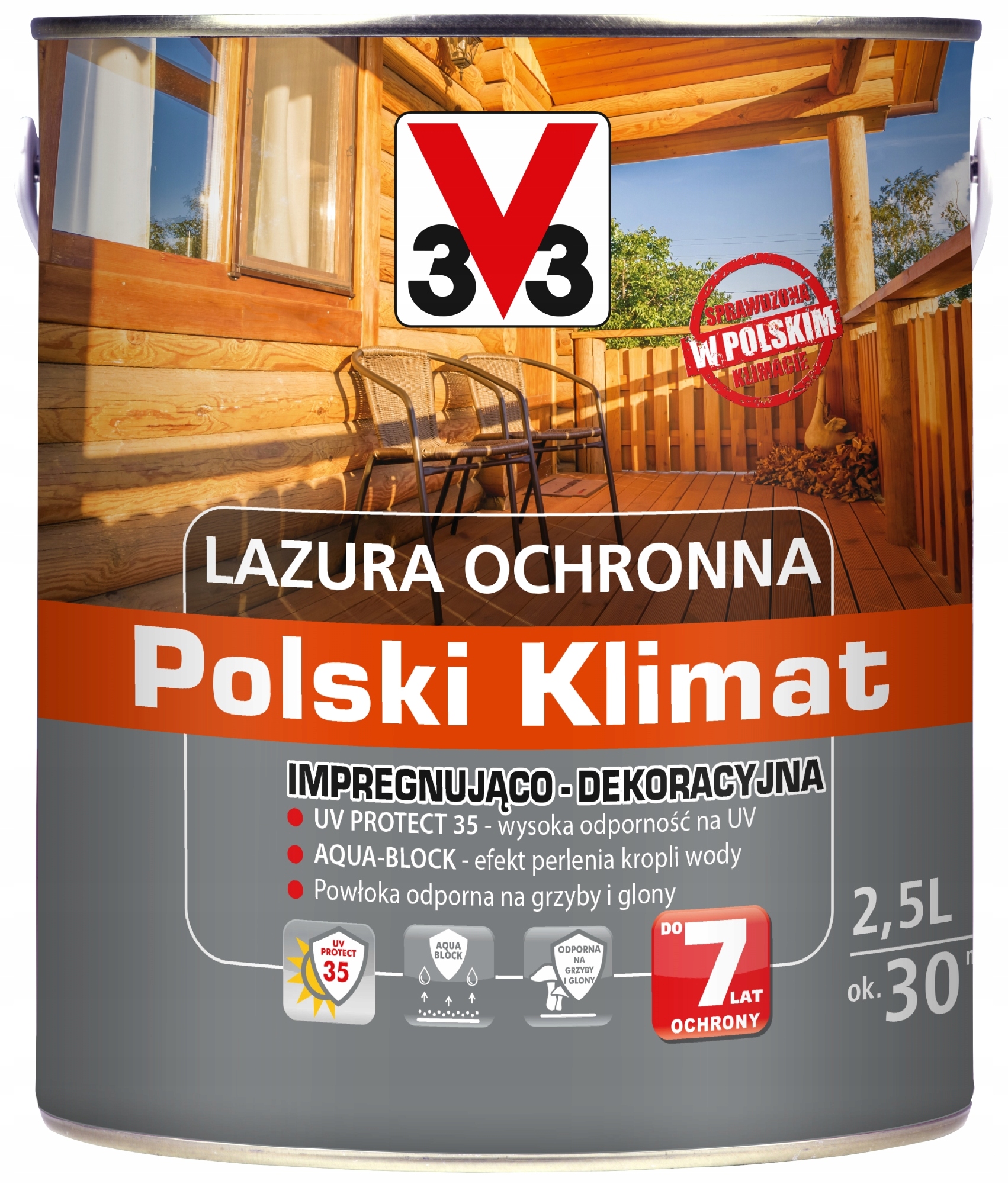 Lazura V33 Polski Klimat 7 lat 2,5 L impregnująca Dąb złocisty satyna Kod producenta 122431 3V3