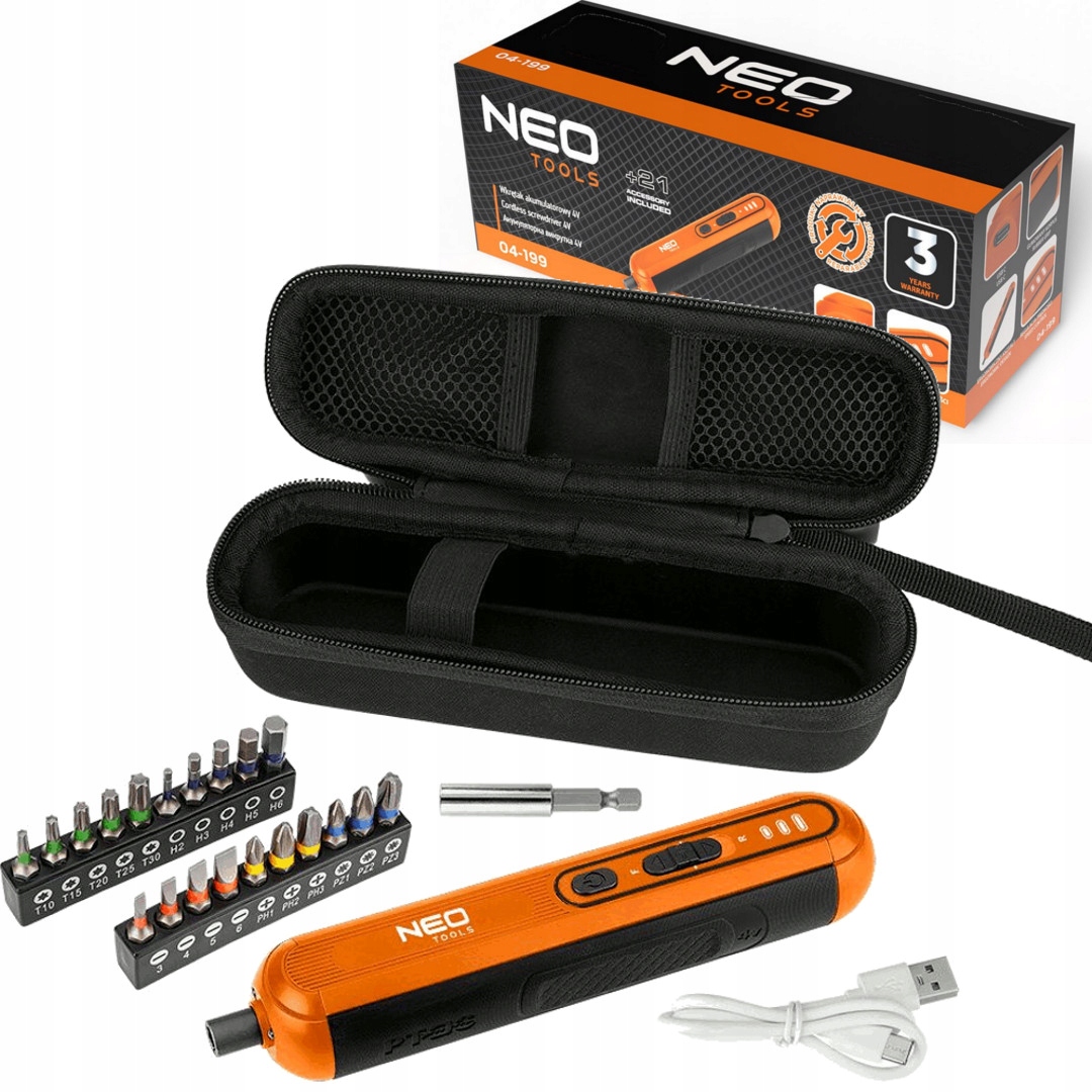 Neo Wkrętak akumulatorowy 4V 4,5Nm 1500mAh Li-Ion Usb-c zestaw bitów