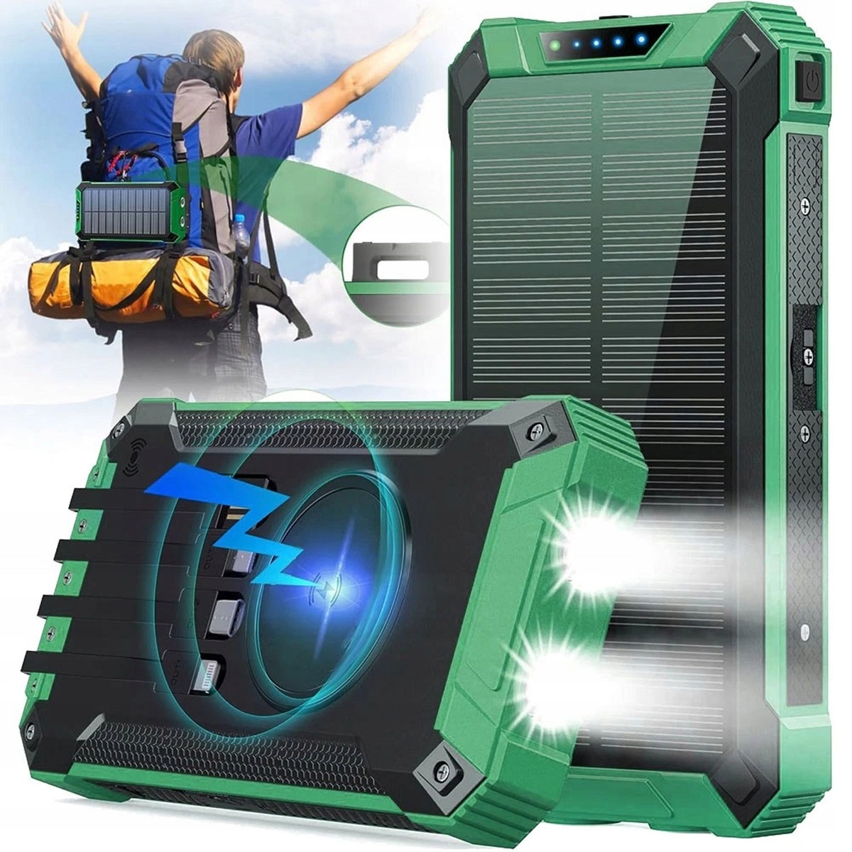 Powerbank Solarny 30000 mAh Wodoodporny Szybkie Ładowanie Led 6 Porty