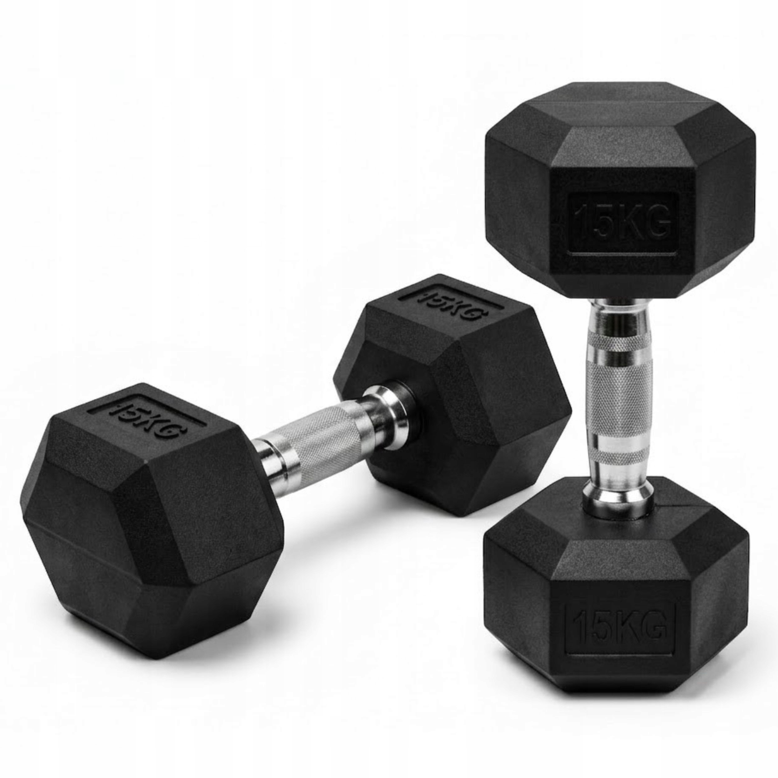 Pevné činky 2x15 kg litinové pogumované Set 30 kg Hex pro trénink Pevné