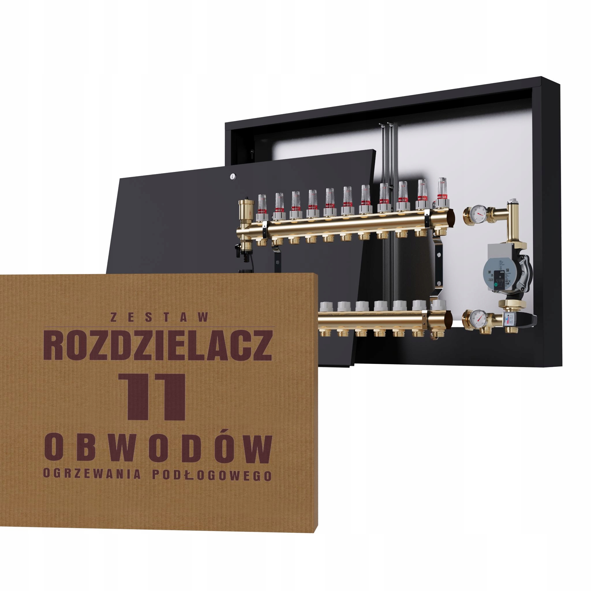 Rozdělovač pro podlahu 11 okruhů s čerpací skupinou Wilo nástěnný, černý