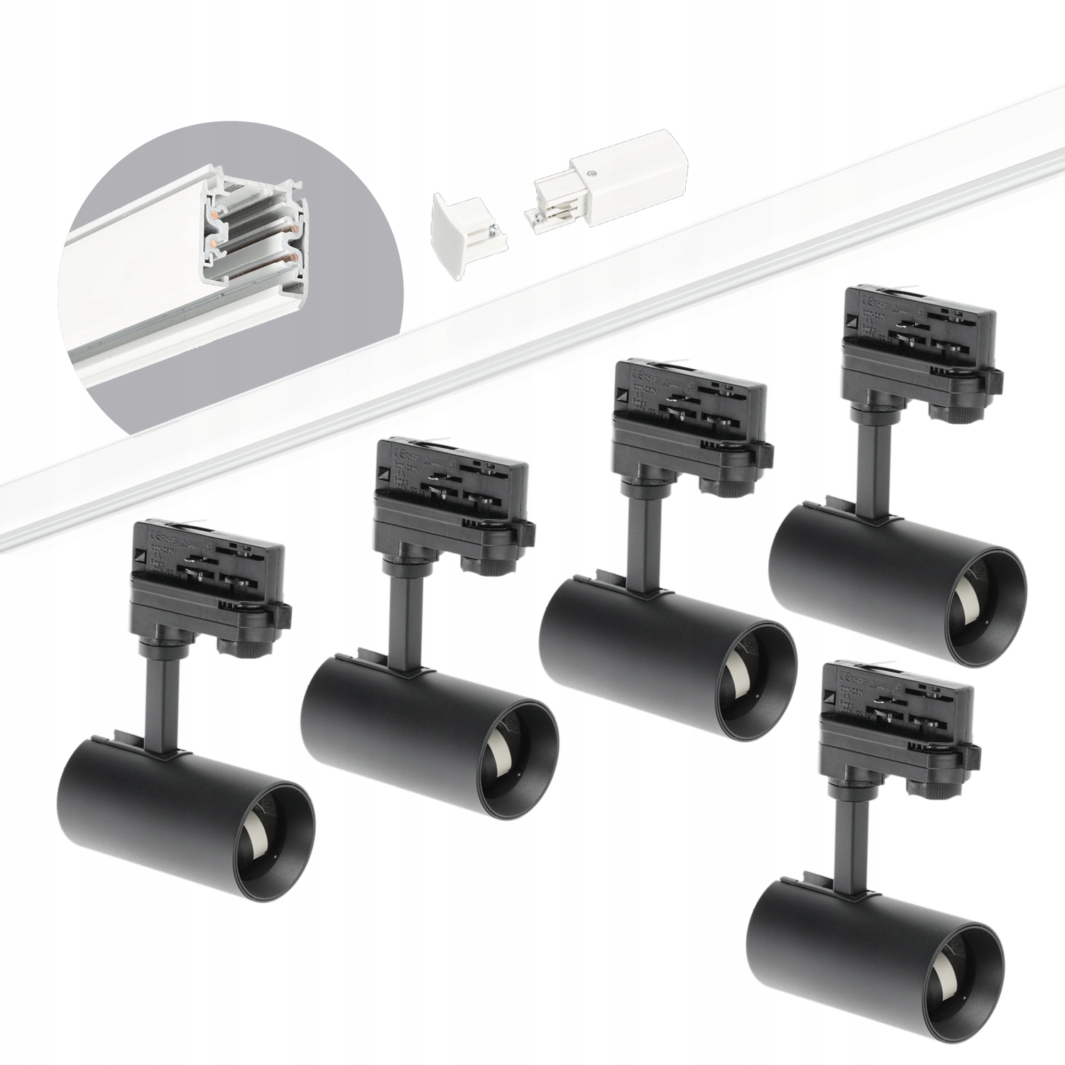 3-fázová koľajnicová súprava, biela koľajnica 2 m, 5 x lampa Čierna, kompletný set