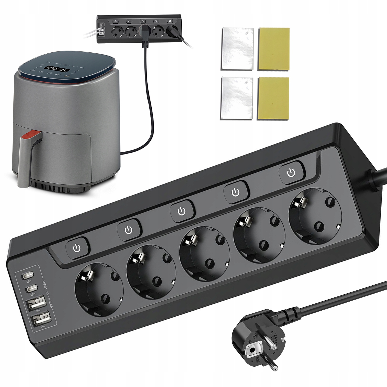 9V1 Prodlužovací Kabel Pro Napájení 5 Zásuvek 230V 4X Usb 2M Nezávislé Vypínače