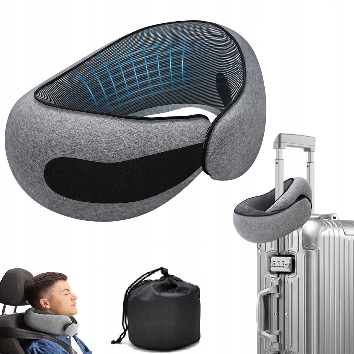 Podróżna Poduszka Zagłówek Pod Szyję Głowę Kark z ochroną 360° Szara