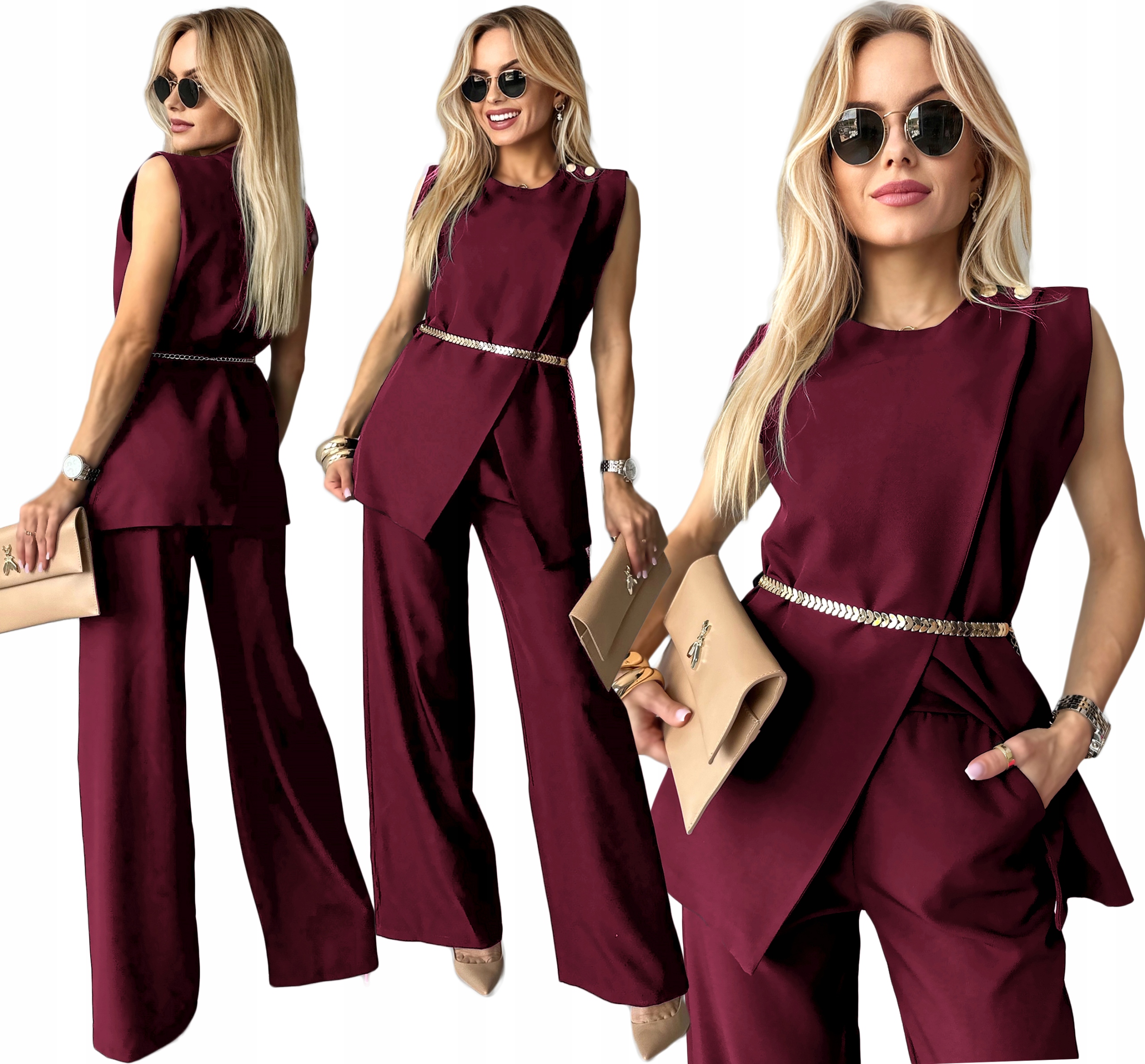 Bordó Elegantní Komplet dámská vesta široké kalhoty 52 Keira