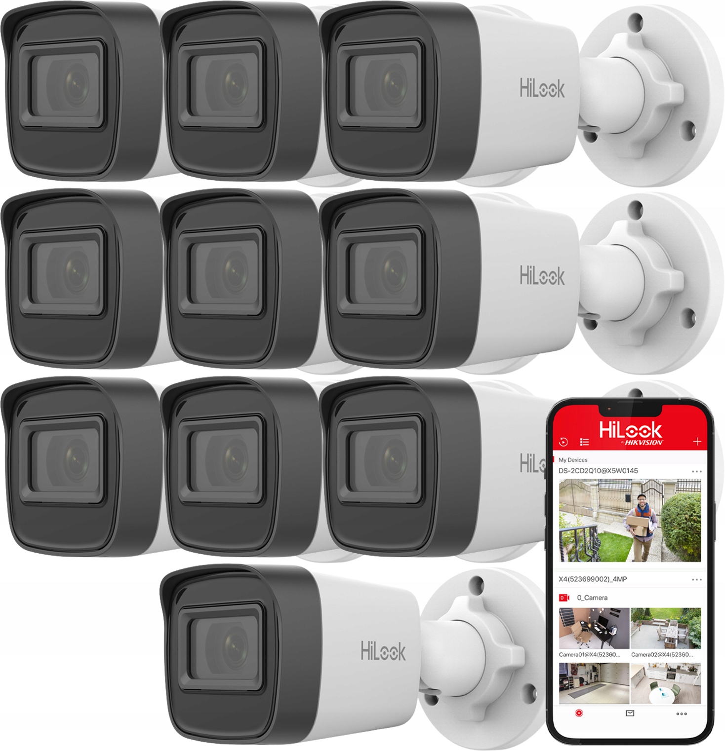 Sada 10 4MPx Ip kamier HiLook Hikvision PoE IPC-B141H-C IR20 Apka