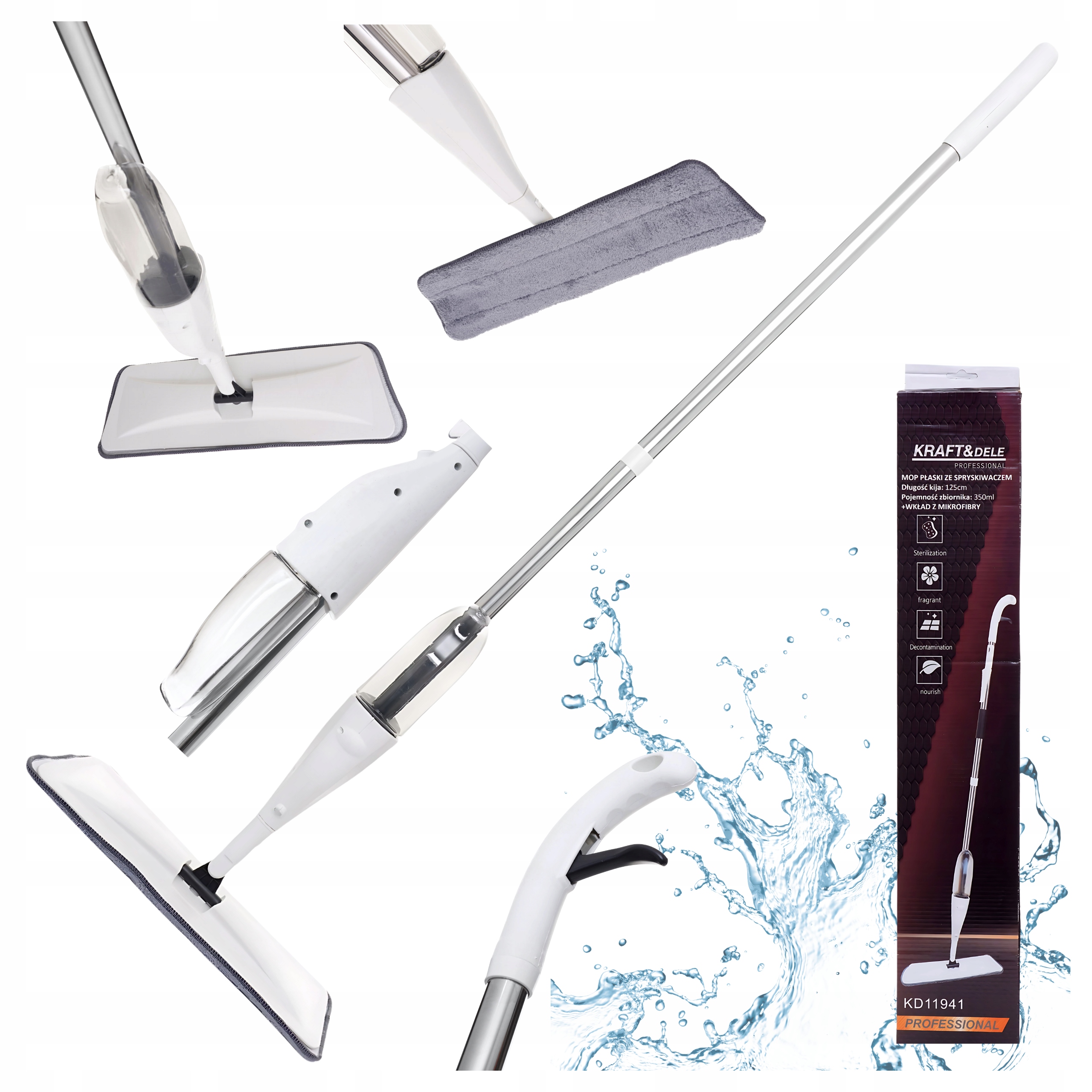 Mop s rozprašovačem 350 ml 118 cm mikrovlákno na suchý zip pohyblivá hlava 360