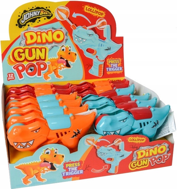 Levně Johny Bee Dino Gun Pop Pistole ve tvaru dinosaura s lízátkem 10 g 12 ks