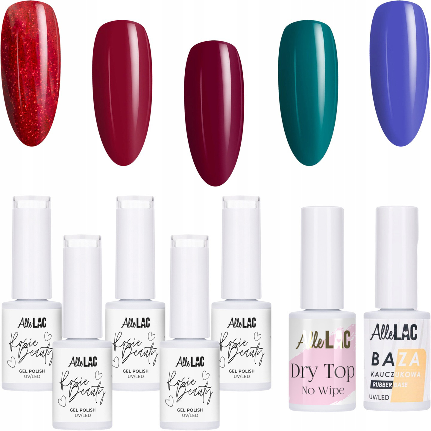 5x Hybridní lak Allelac 6 g Rosie Beauty Báze Top Set