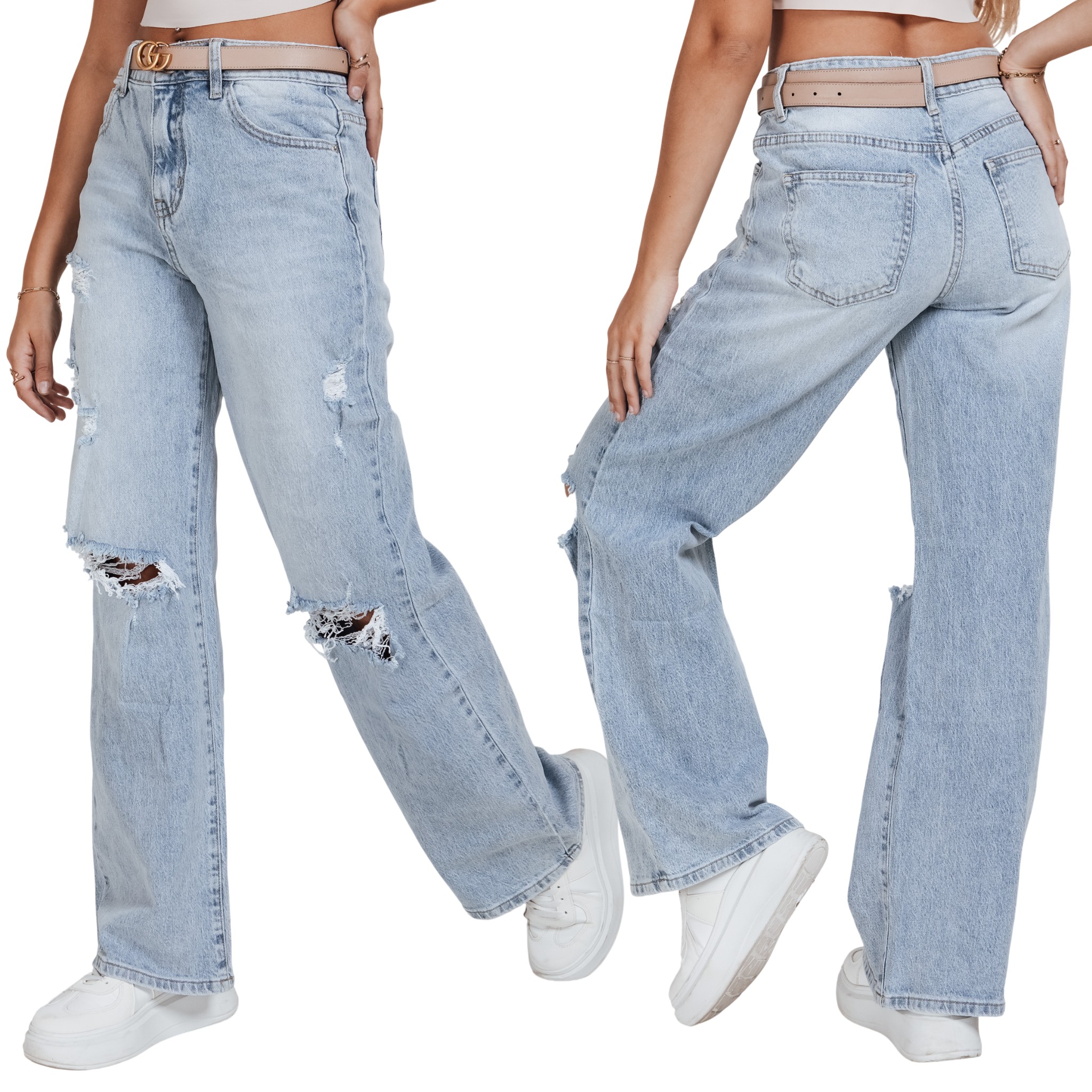 Jeansy damskie baggy jasnoniebieskie z dziurami wysoki stan UY2491 S