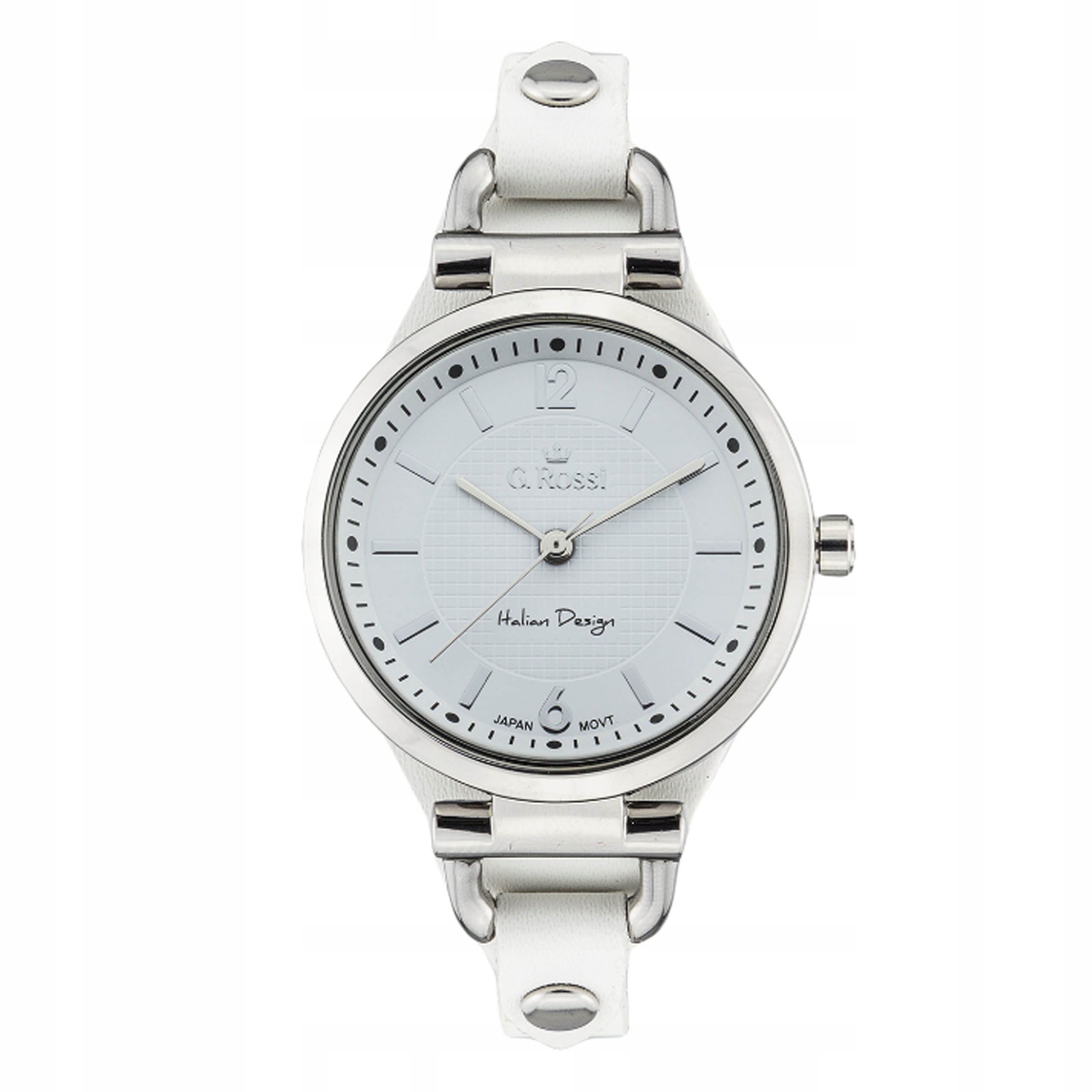 Moderní dámské hodinky na bílém koženém řemínku s kulatým pozlaceným ciferníkem