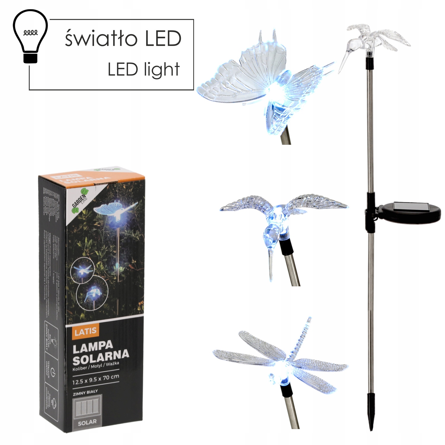 LAMPA SOLARNA LAMPION LED OGRODOWA 70CM MOTYL KOLIBER WAŻKA MIX WZORÓW