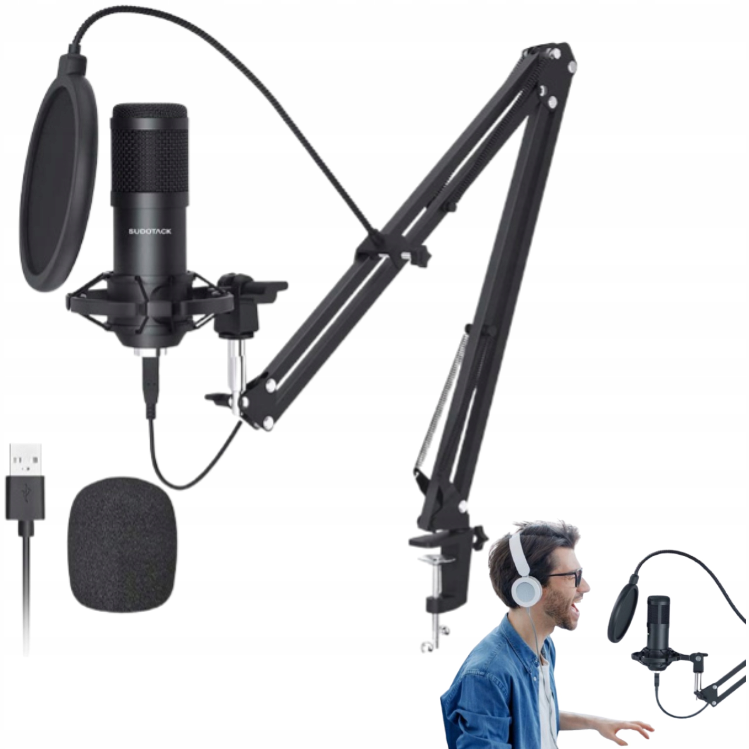 Usb mikrofon pro hry a streamování podcastů s ramenem a popovým filtrem