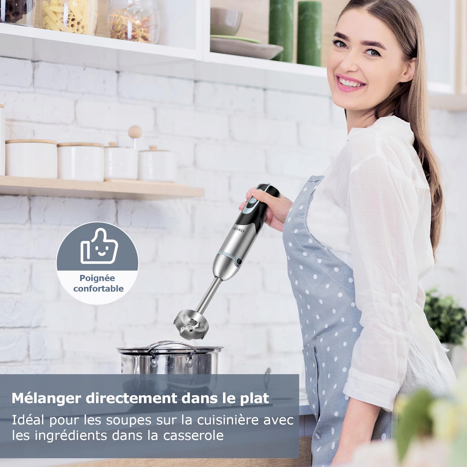 FRESKO Blender Ręczny 1000W Stalowy 12 Prędkości Turbo Kubek 700ml — miniatura 6