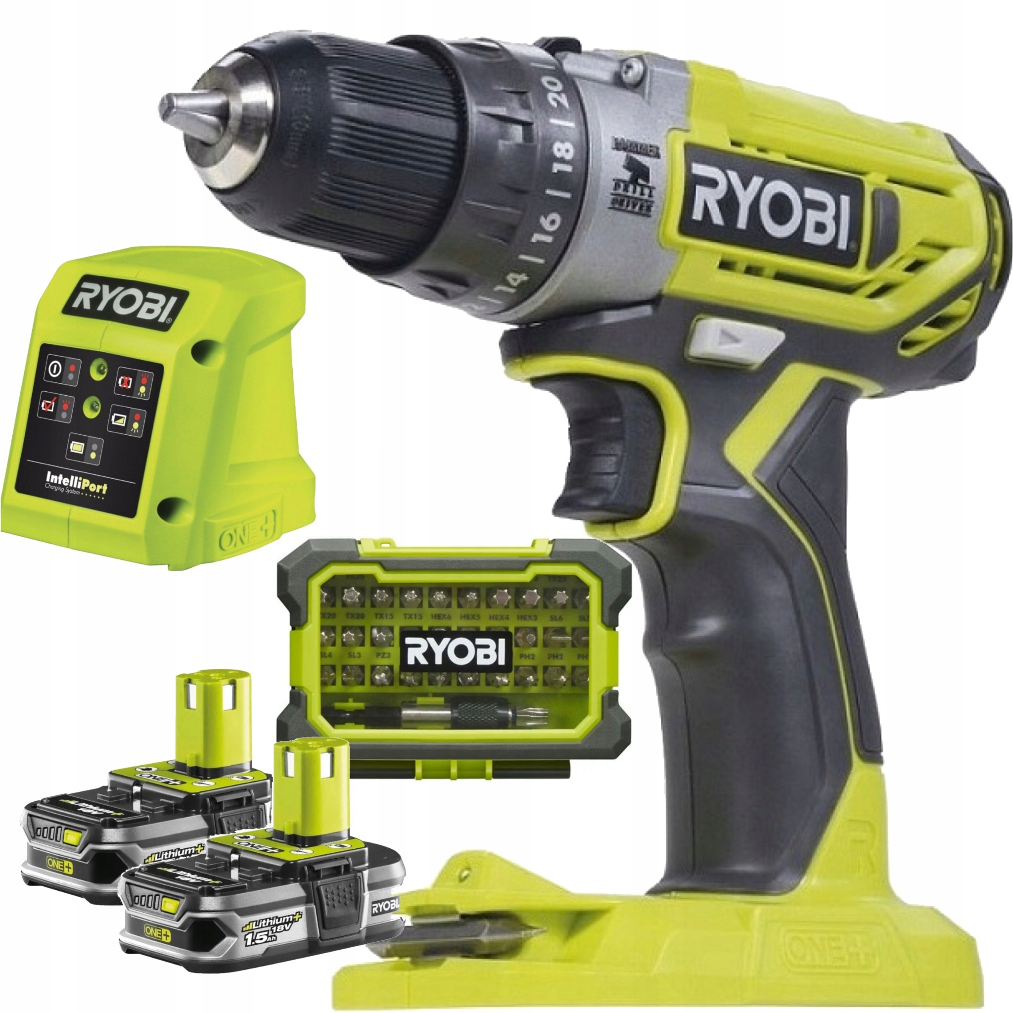 Ryobi Wiertarko-Wkrętarka 18V 2x1.5Ah Ładowarka Zestaw 32 szt. bitów