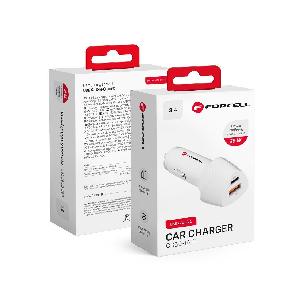 Ładowarka samochodowa Forcell F-Energy Carbon Usb C Usb A QC3.0 Pd 3A 38W