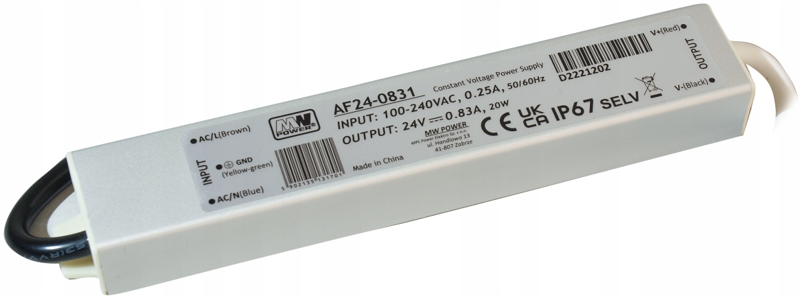 Zasilacz Stałonapięciowy Wodoodporny IP67 24V 20W Metalowa Obudowa Mw Power