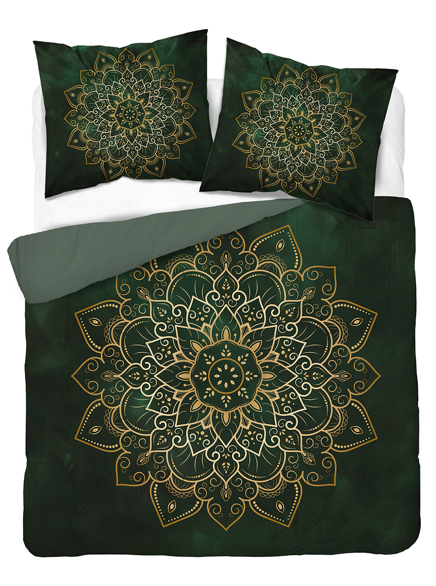 Pościel komplet bawełna Detexpol zielona mandala 160x200 cm butelkowa boho