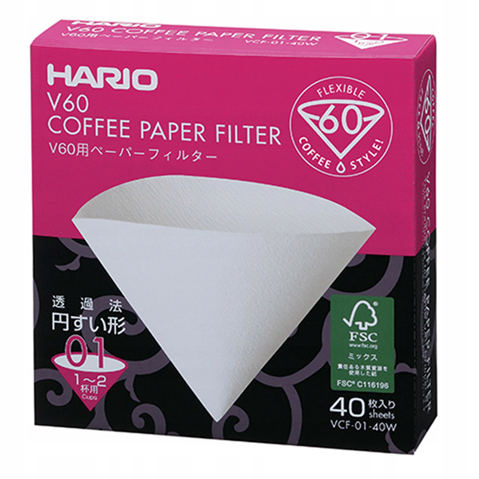 HARIO FILTRY PAPIEROWE BIAŁE DO DRIPA V60-01 KARTON 40szt