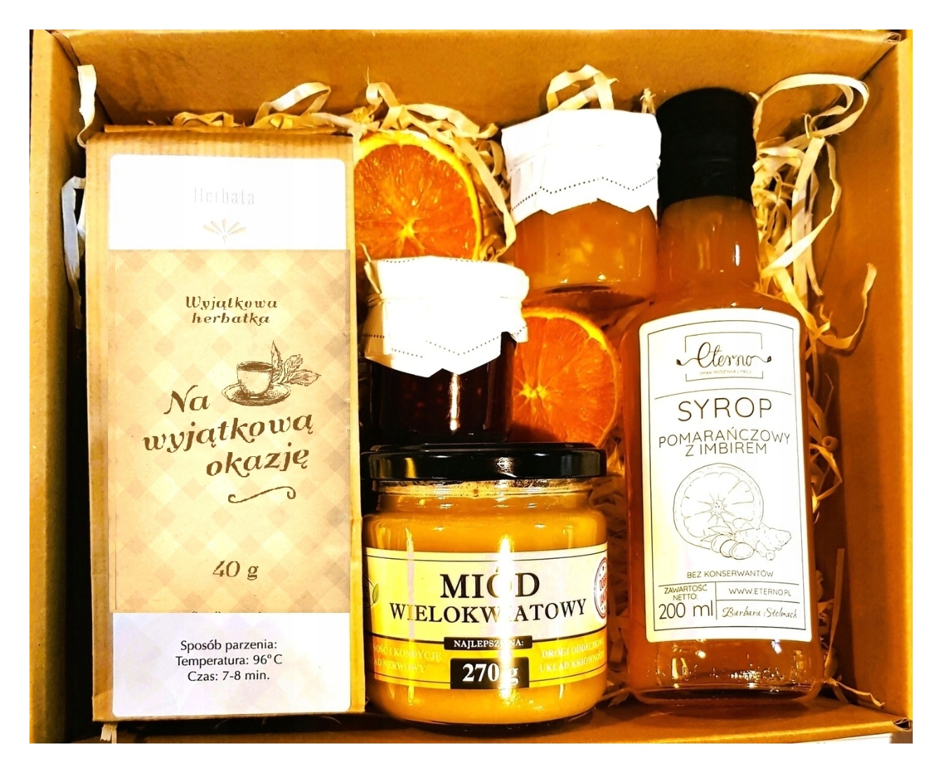 Levně Dárkový Košík Dárková Sada Dárek Čaj Džemy Med Sirup Pomeranč