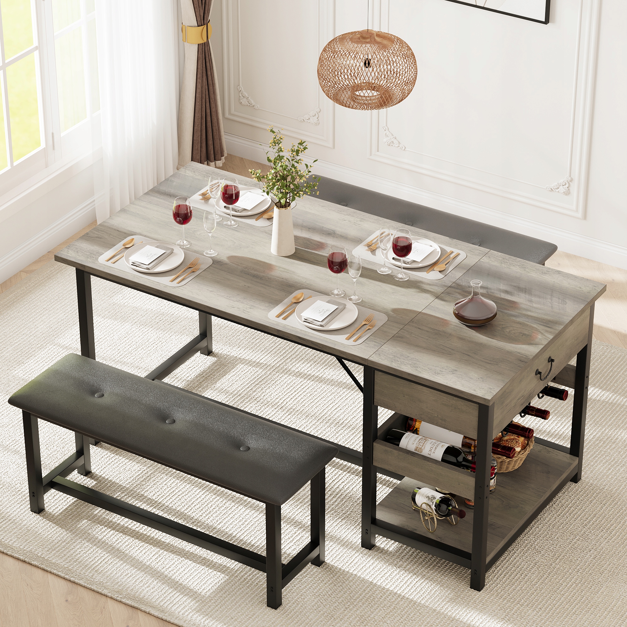 Jídelní set do kuchyně/jídelny, 3 díly: Stůl, 2 lavice, šedý