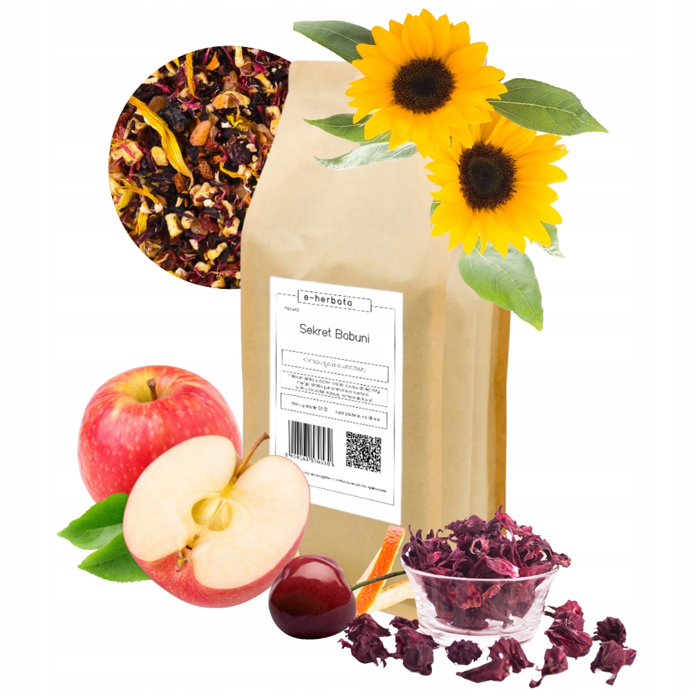 Herbata Owocowa Liściasta Hibiskus Jabłko Mango Róża Sekret Babuni 500G