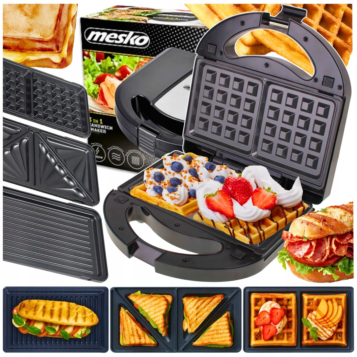 Opiekacz Grill Gofrownica 3W1 Do Kanapek Tostów Toster Elektryczny 1000W