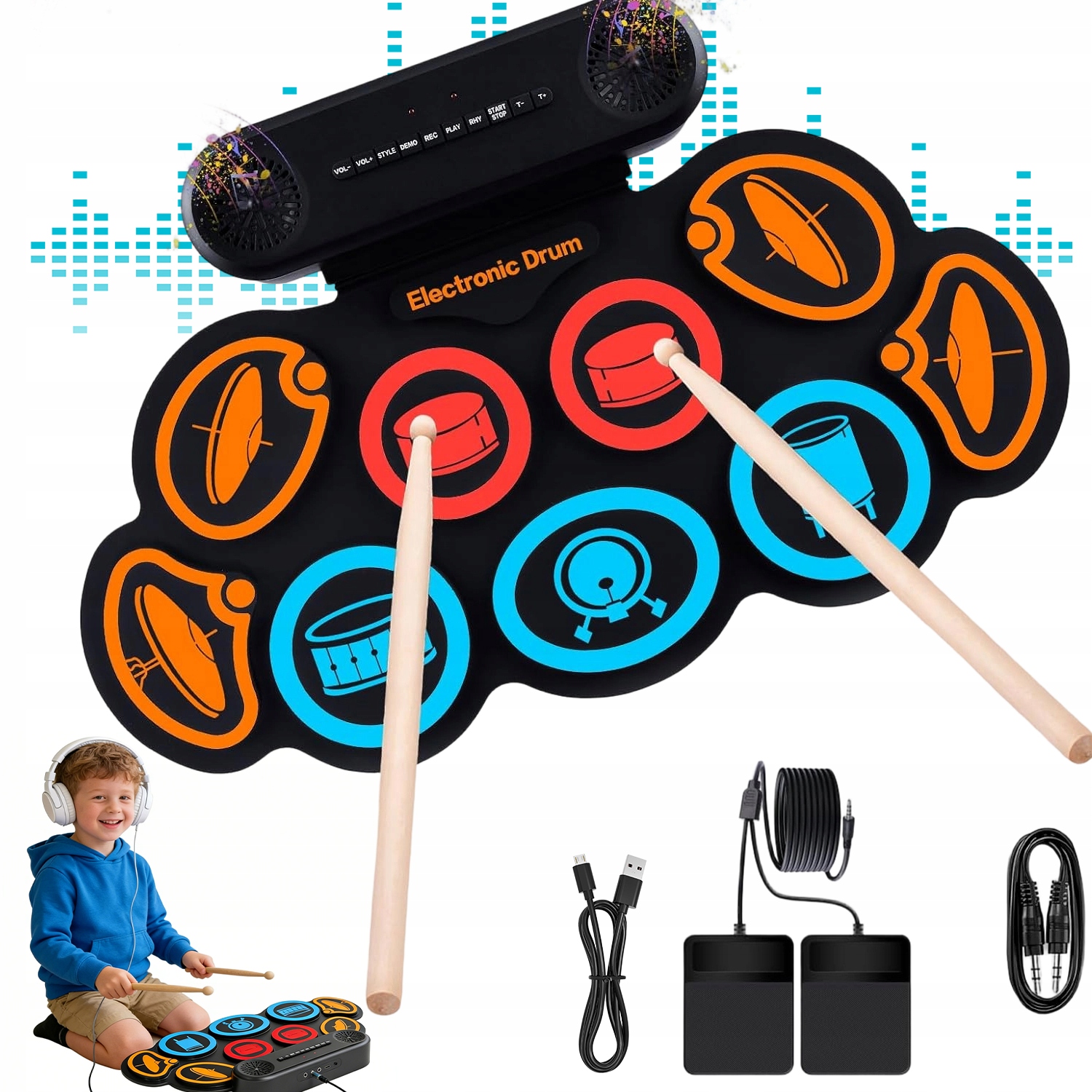 Elektronická Bicí Souprava S 9 Pady, 2 Pedály A Stereo Reproduktory