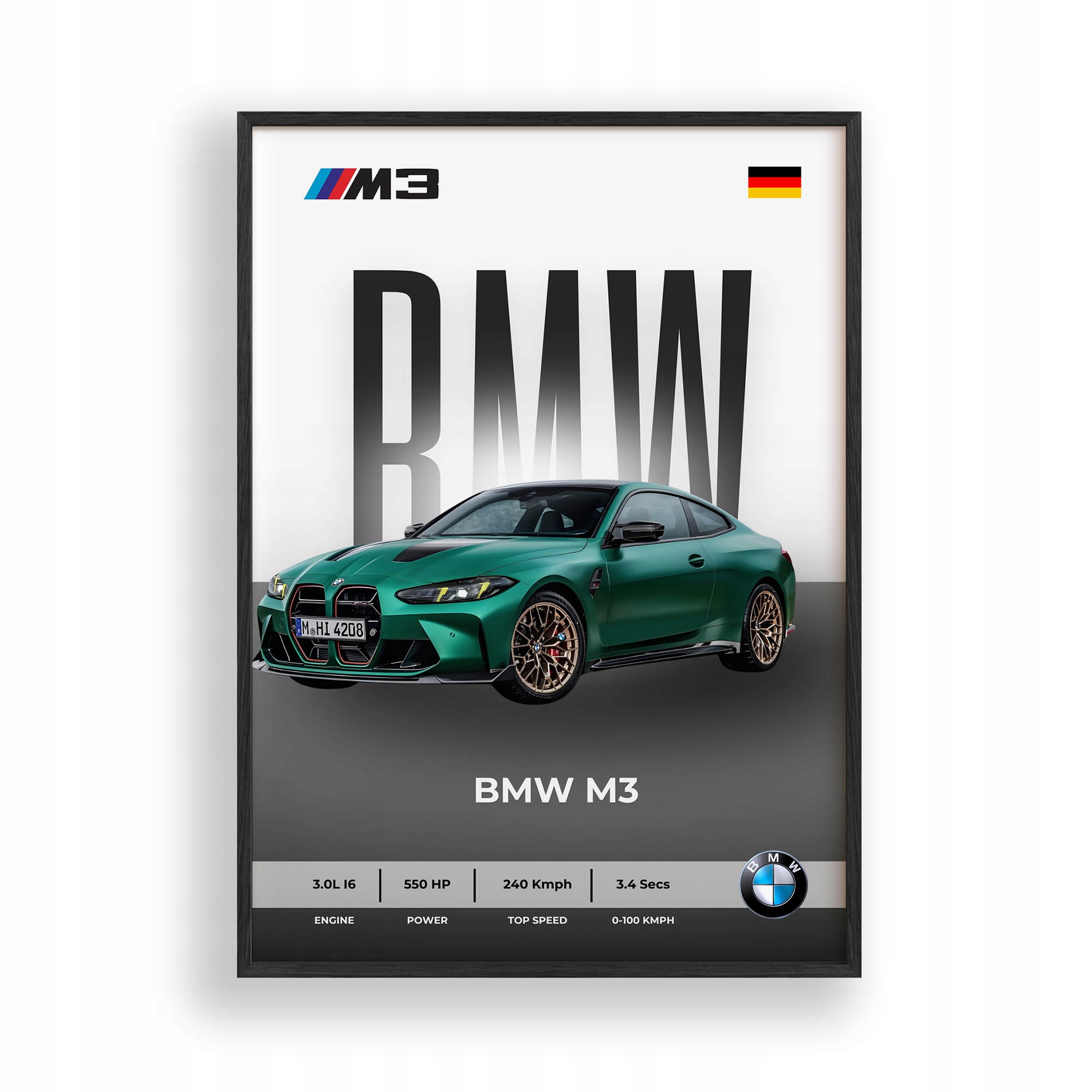 Obraz Auto Bmw M3 Plakát Rámeček Dřevěný Černý 30x42 cm