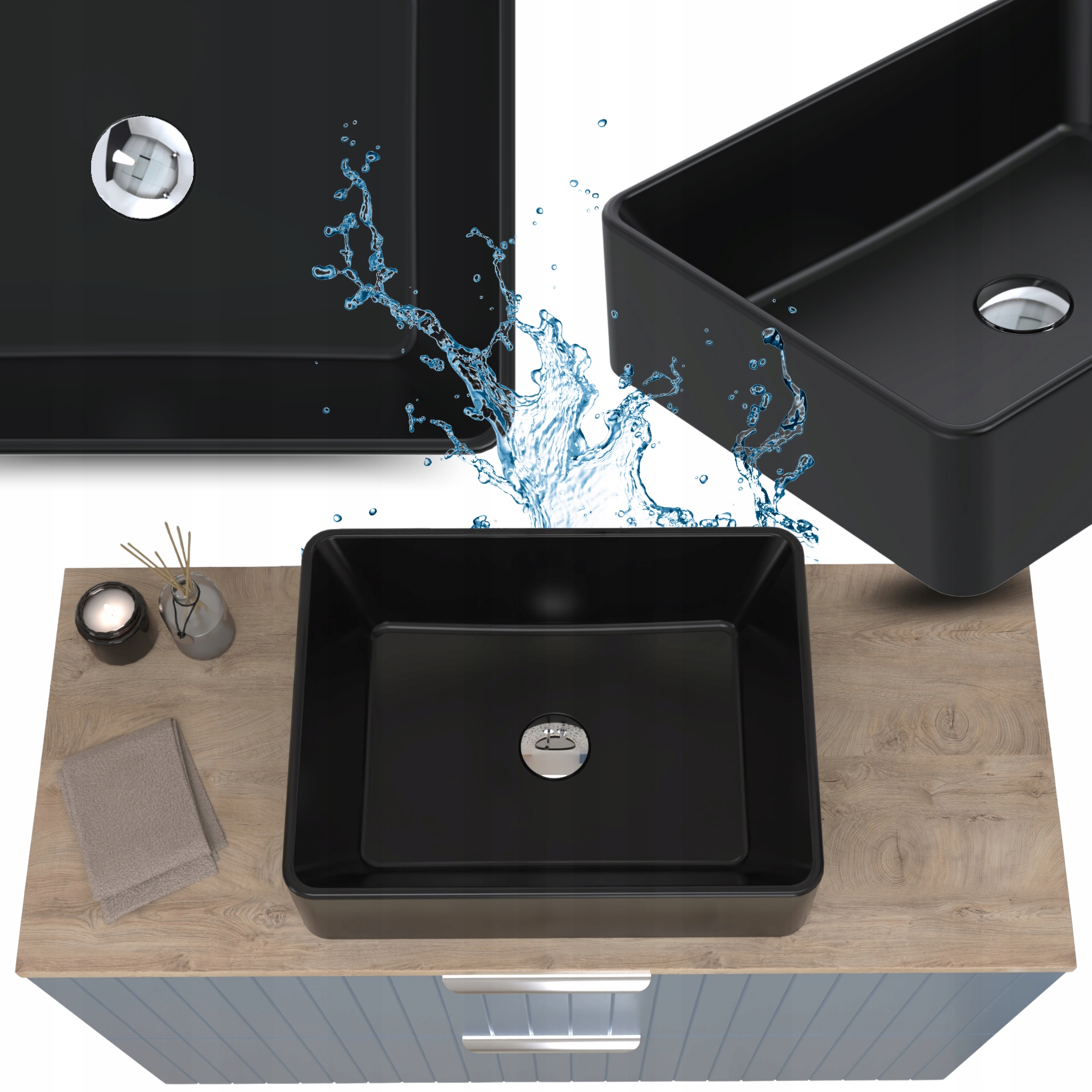 Umyvadlo Na Desku Z Granitového Konglomerátu 50 Černé, Obdélníkové, Bez Přepadu