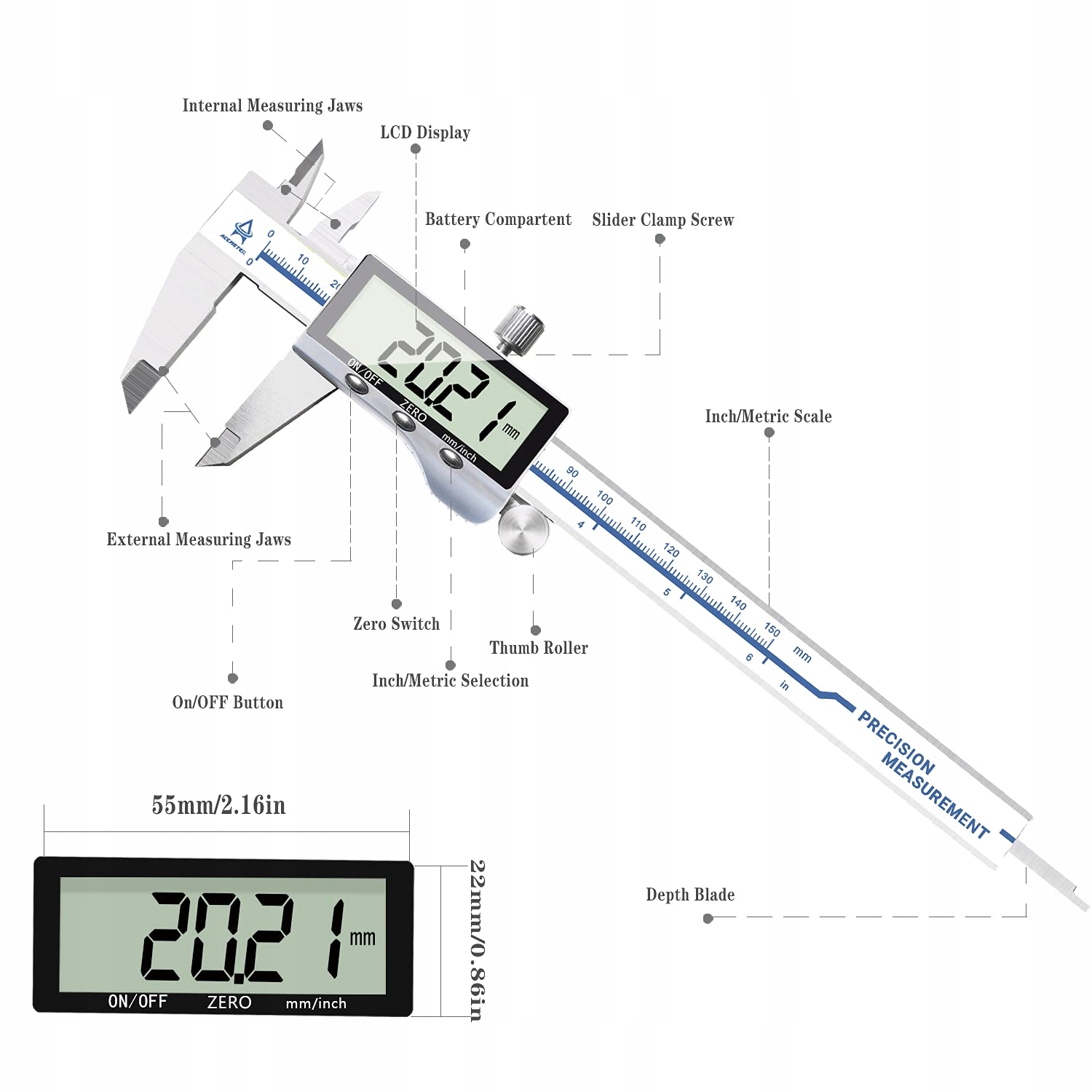ACEMETER Suwmiarka Cyfrowa 150mm Duży Wyświetlacz LCD Precyzyjna Pomiar