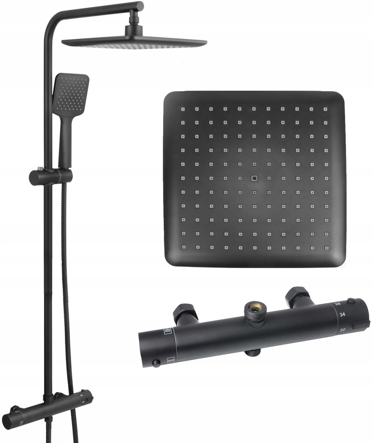 Čierna sprchová batéria s termostatom a dažďovou sprchou, sprchová súprava