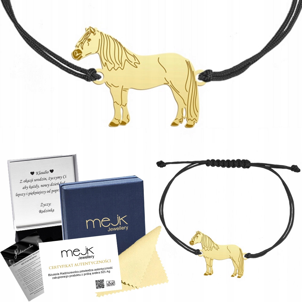 Zlatý náramek s koněm Haflinger 925 Šňůra Šperky Dárek Gravírování