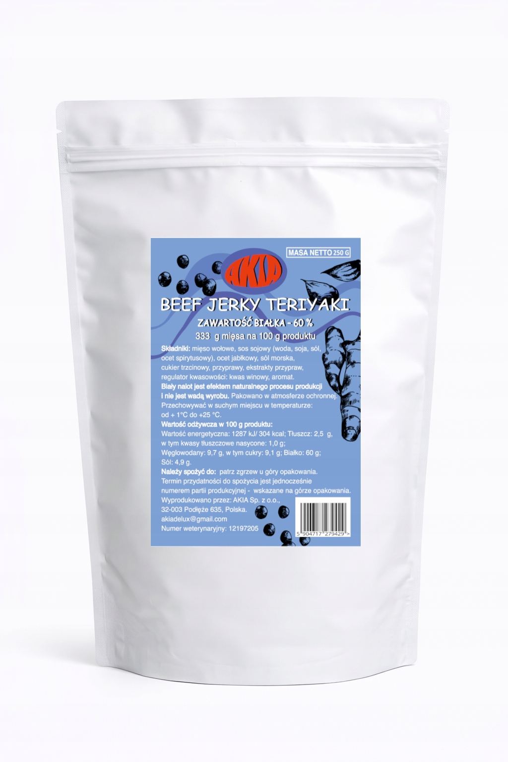 Akia Beef Jerky, sušené maso, sušené hovězí maso Teriyaki 250 G