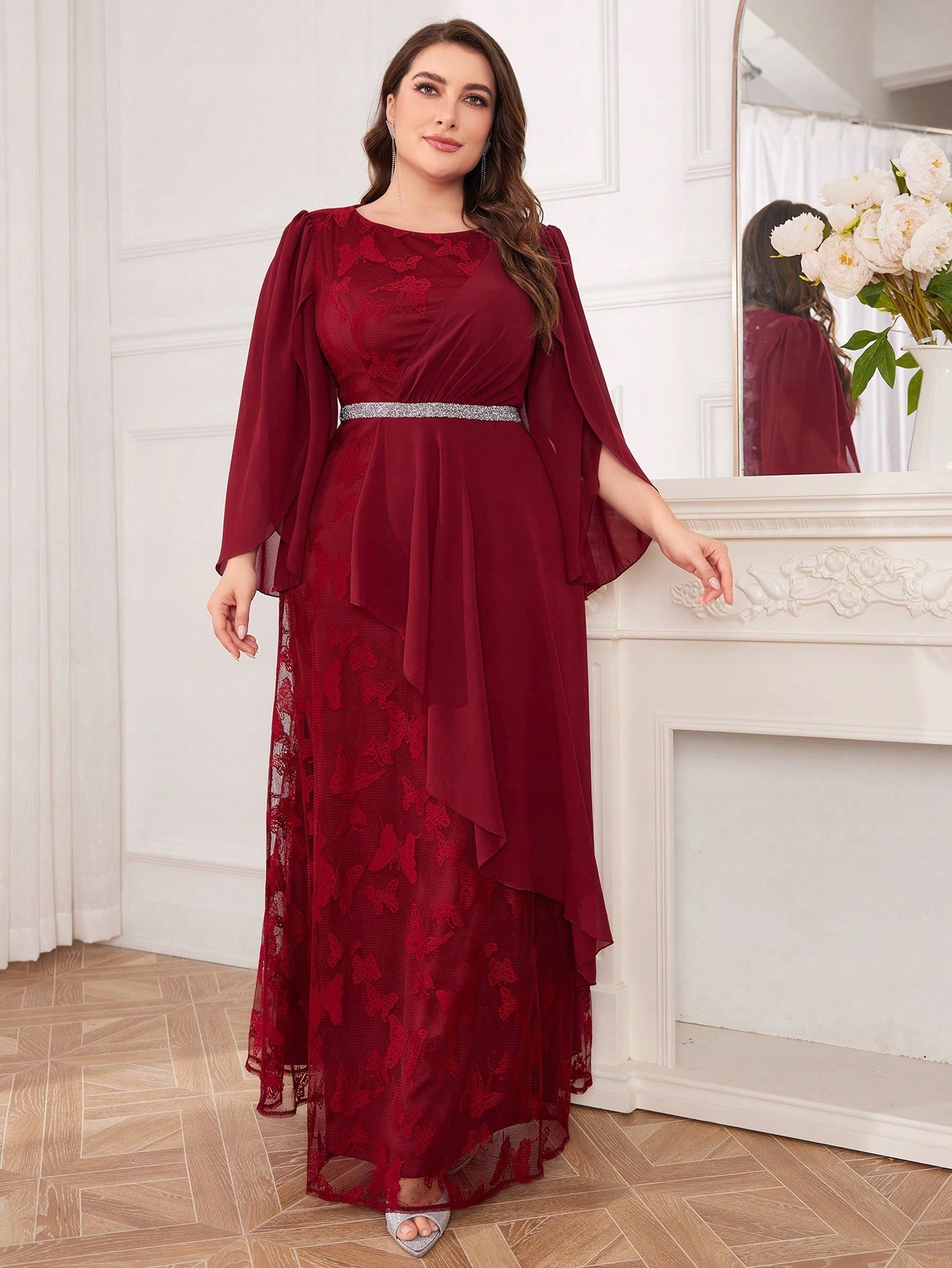 Šaty Večerní Krajkové Maxi Burgundské Shein 4XL 48