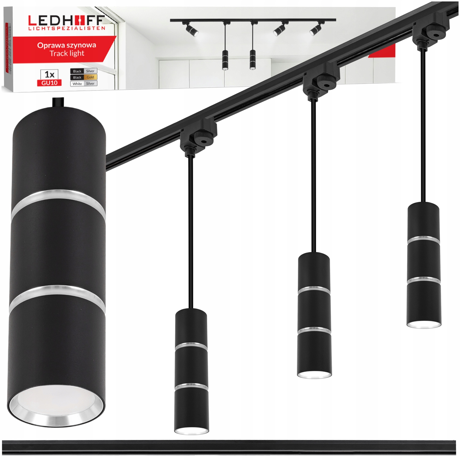 Kolejnicové osvětlení Szyna 1 m 3x Led závěsná lampa Tuba GU10 černá Stříbrná