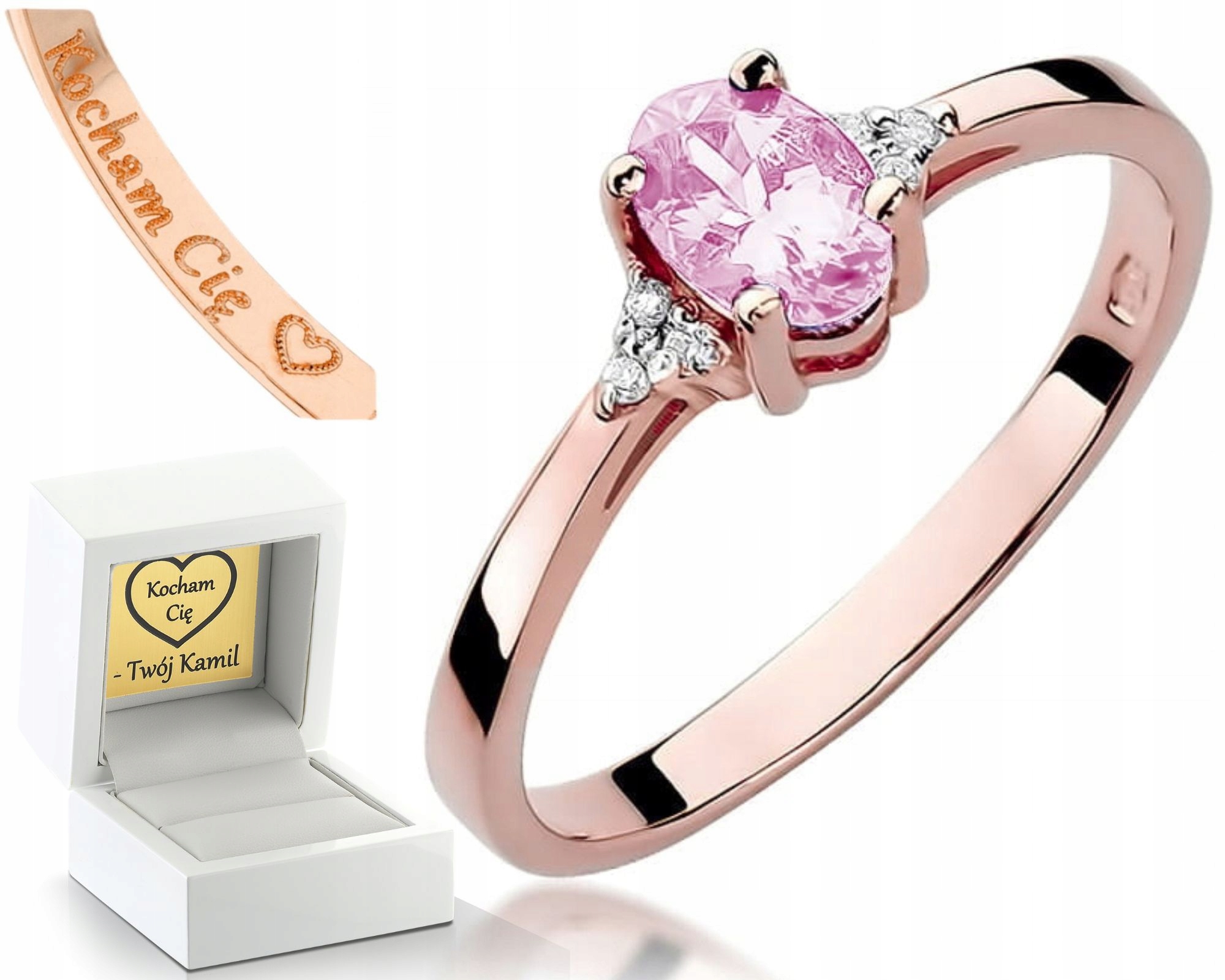 Prstýnek Růžový Topaz Diamanty Růžové Zlato Gravírování 585 Dárek