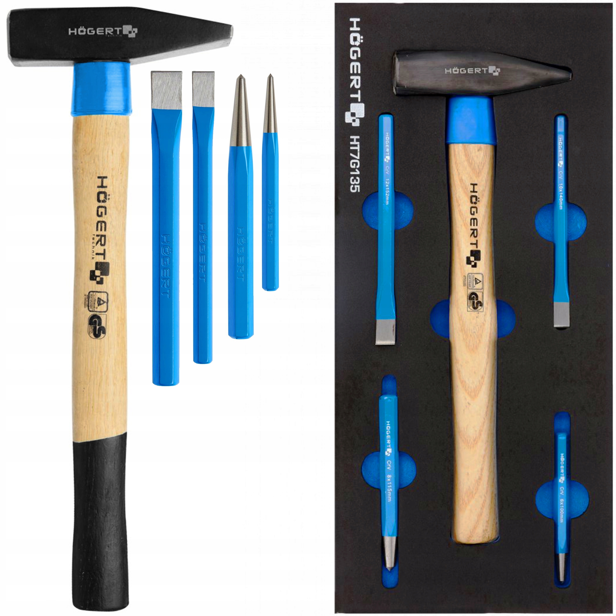 ZESTAW WKŁAD NARZĘDZIOWY MŁOTEK +2x PUNKTAK +2x PRZECINAK DO METALU HOEGERT