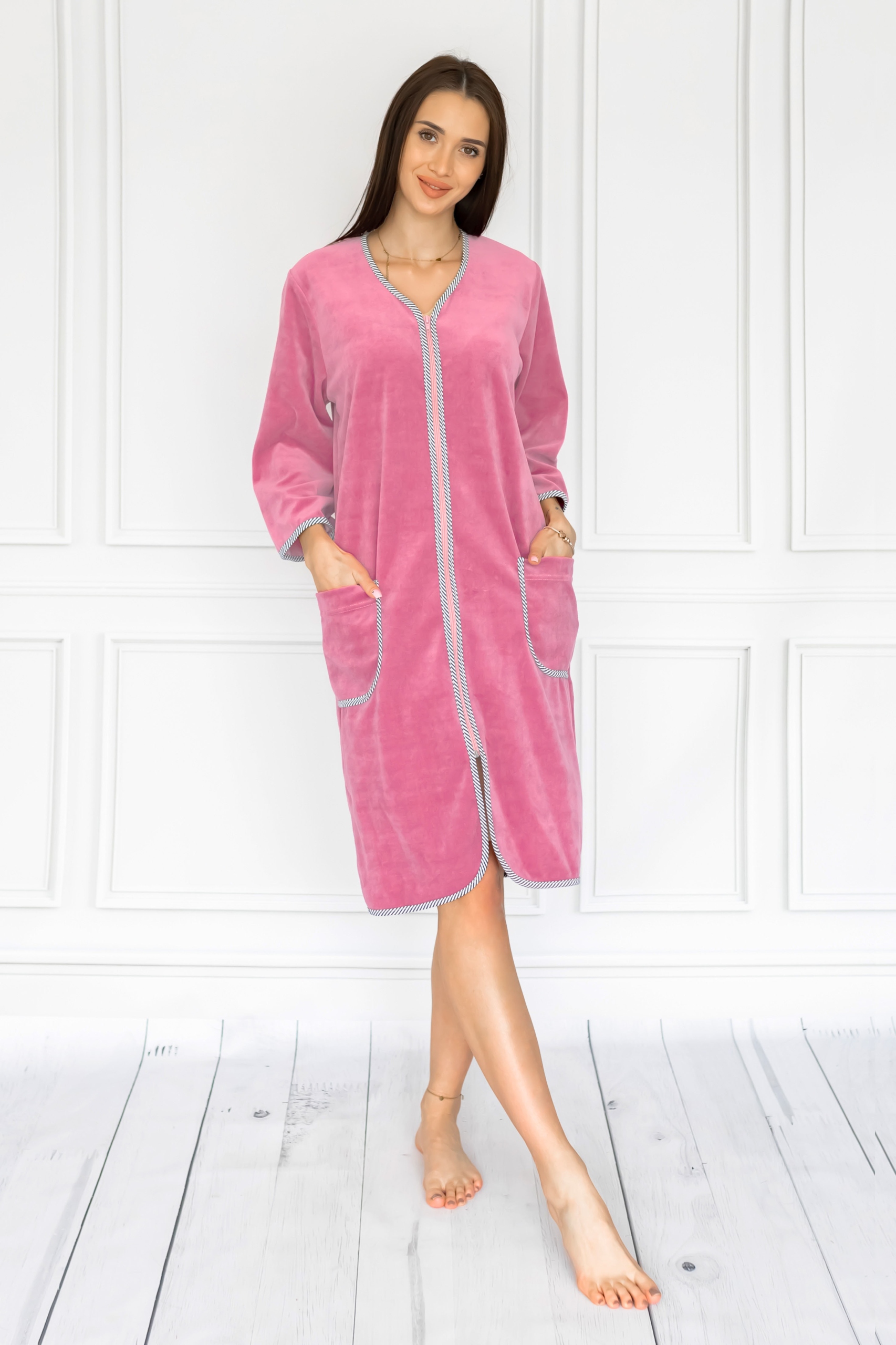 Dámský velurový župan Růžový Župan Měkký Elegantní Bavlna Velký 7XL