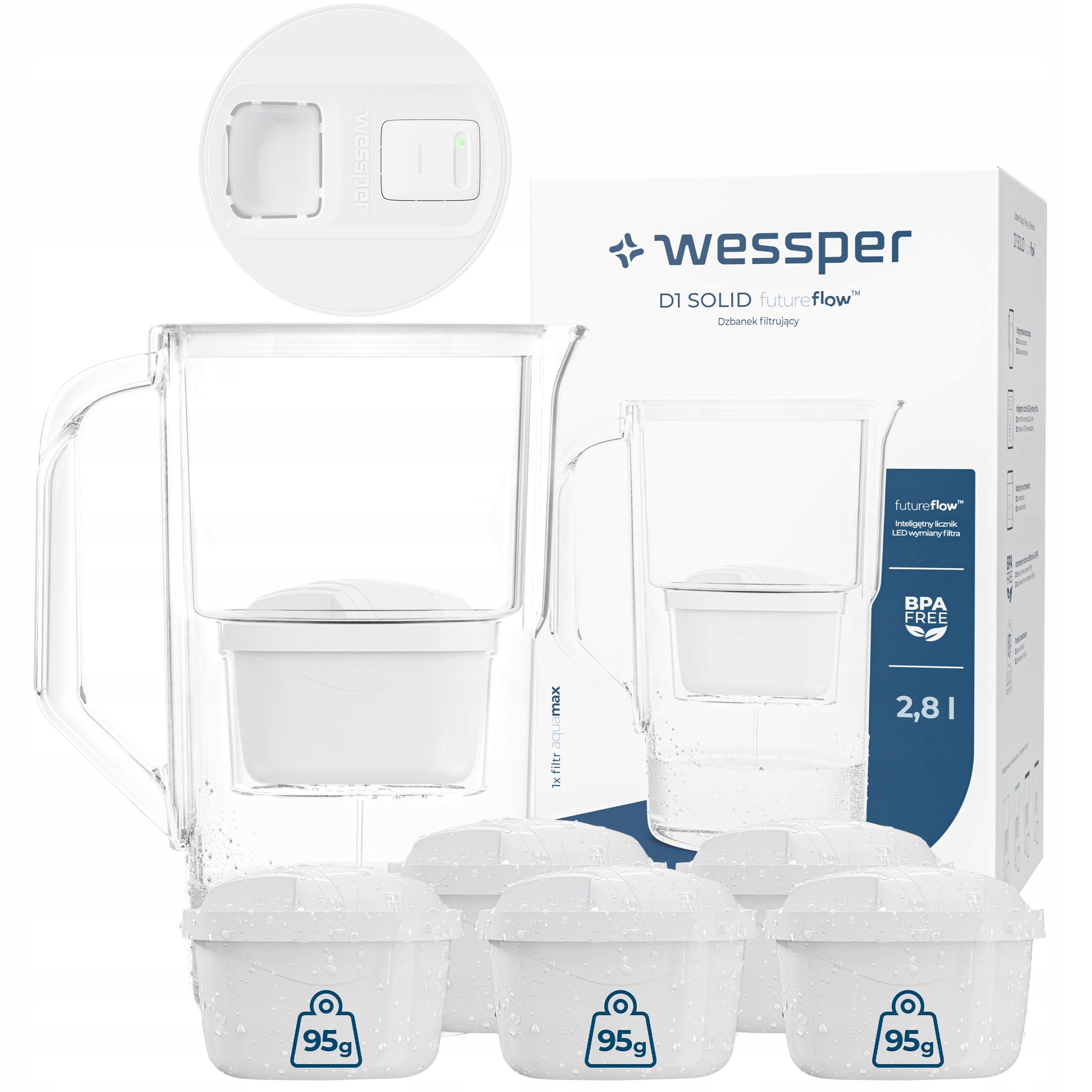 Plastová filtrační konvice Wessper D1 Solid 2,8 l Led 6 x vodní filtr