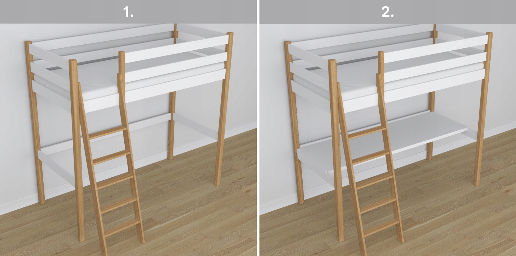 Łóżko na antresoli piętrowe drewniane N03 biało dębowe 100x190 Płeć chłopcy dziewczynki