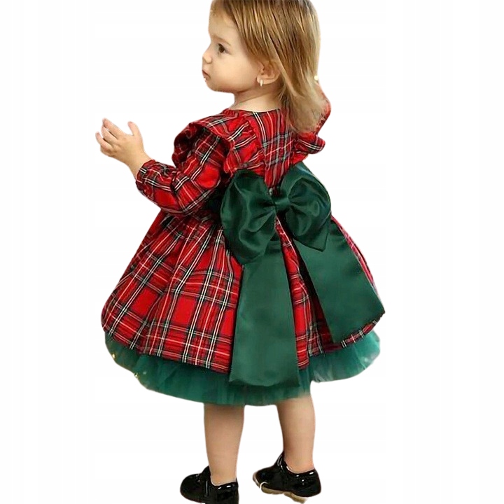 Elegancka sukienka świąteczna w kratkę z kokardą tiul falbanki