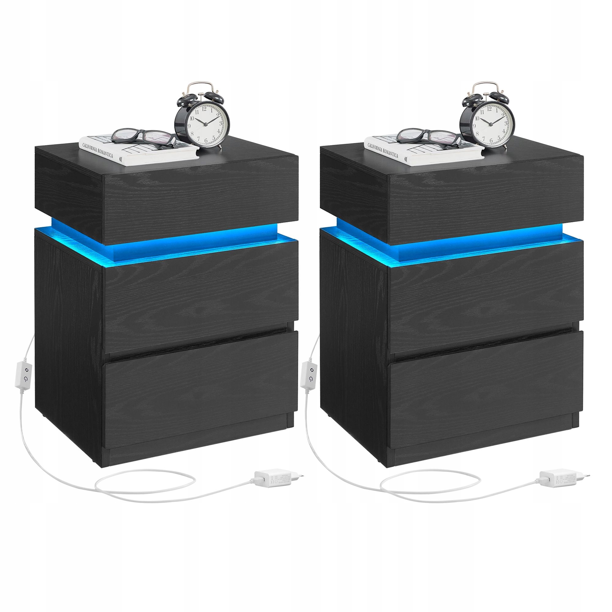 Sada 2 Nočných Stolíkov s Led Rgb osvetlením, 3 zásuvky, čierny stolík